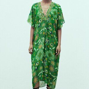 NWT ZARA PRINTED SHIMMERY KAFTAN  GREEN - REF 6895/060 XS, S, M, L